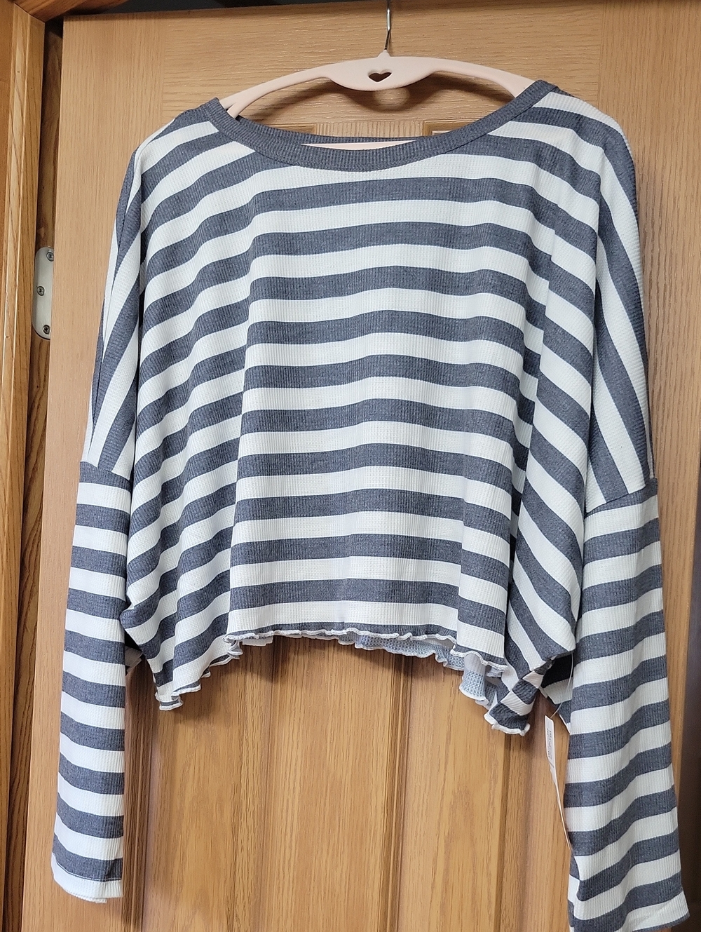 NWT- 89th & Madison Gray and White Striped Cropped Long-Sleeve Top Sleepwear